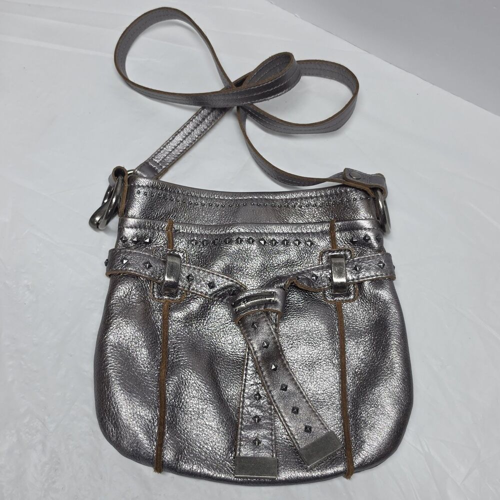 Makowski Pewter Metallic Silver Leather Studded Crossbody Bag Purse Boho Rock